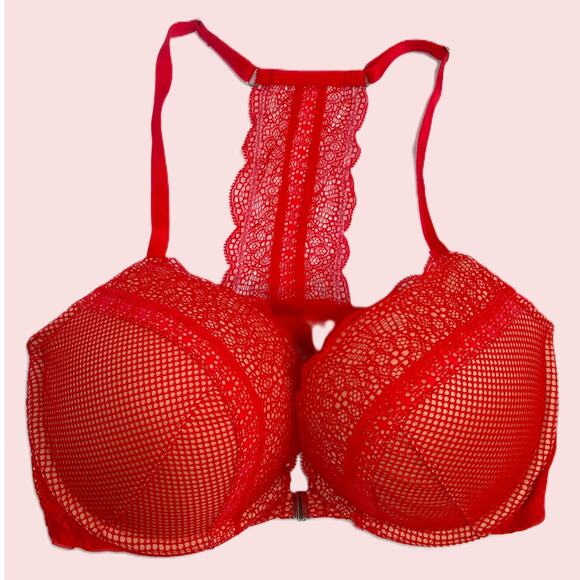 Victorias Secret Bra Very Sexy Red Push Up Front Closure Fishnet Lace Size 34DD - Picture 9 of 13